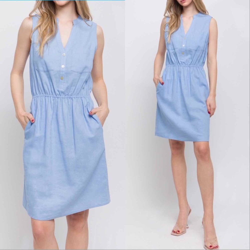 LINEN BLEND SLEEVELESS V NECK DRESS WITH POCKETS - LIGHT BLUE